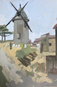 Gouache française des années 1930 Paysage Moulin à vent gris Up&Up 