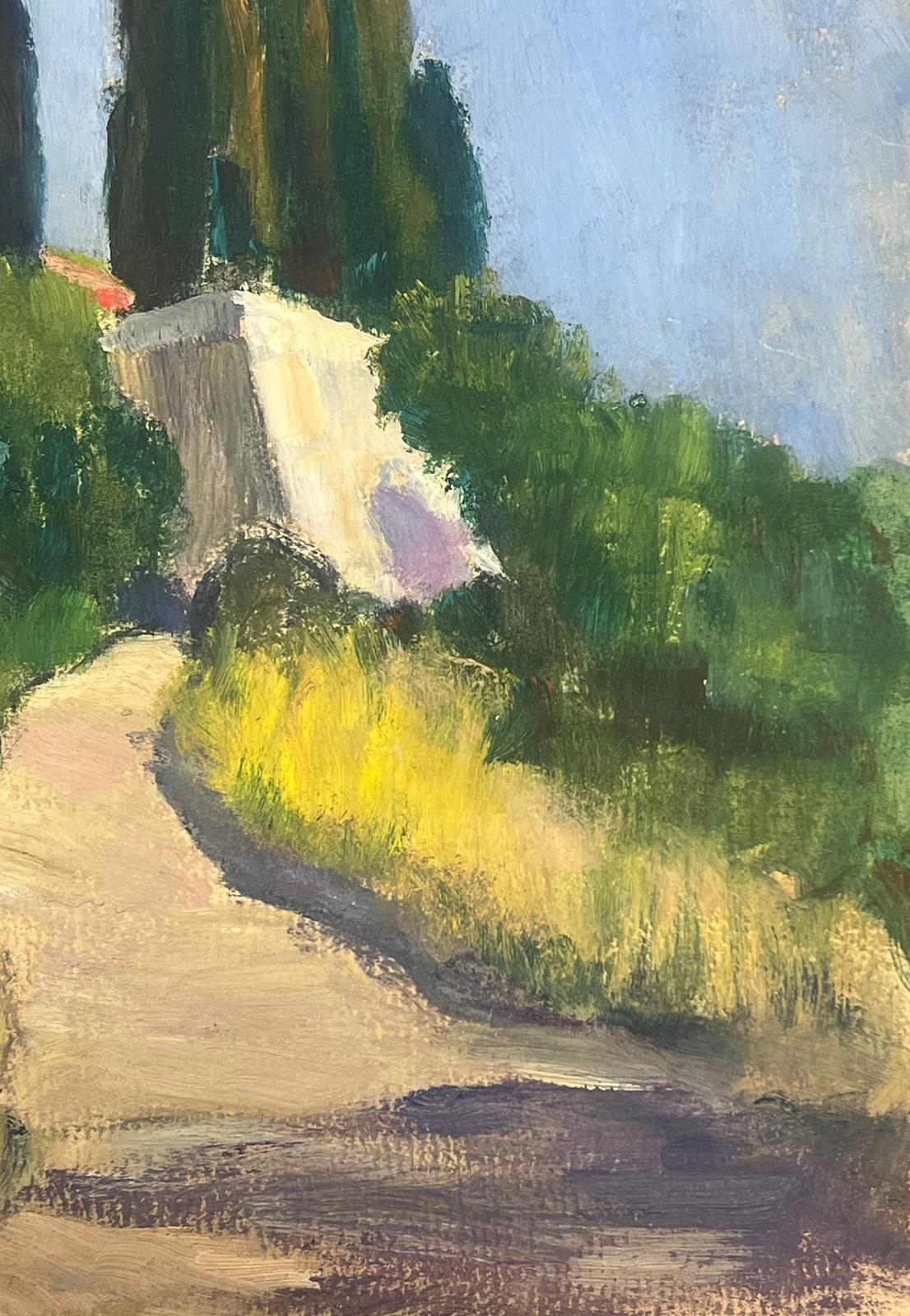 1930's Französisch Gouache Landschaft Pathway Leading Up To Provence Weiß Chateau – Painting von Y. Blanchon