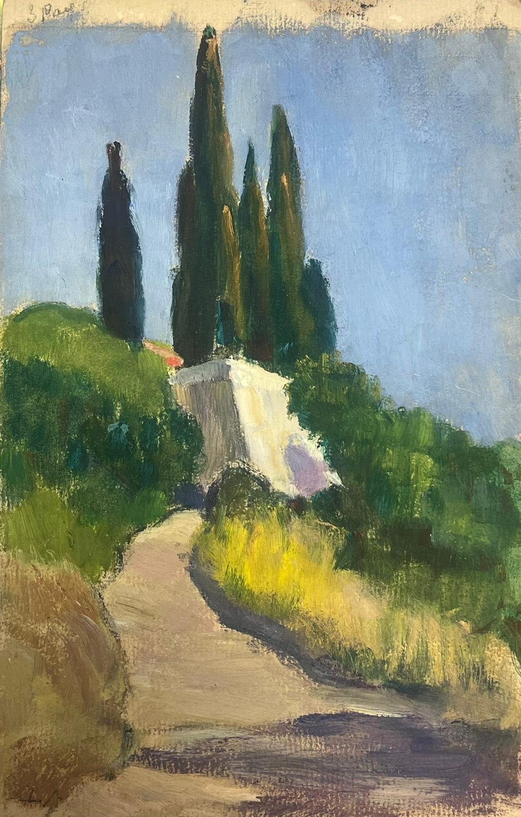 Chemin de route français des années 1930 menant à un château blanc de Provence  - Impressionnisme Painting par Y. Blanchon