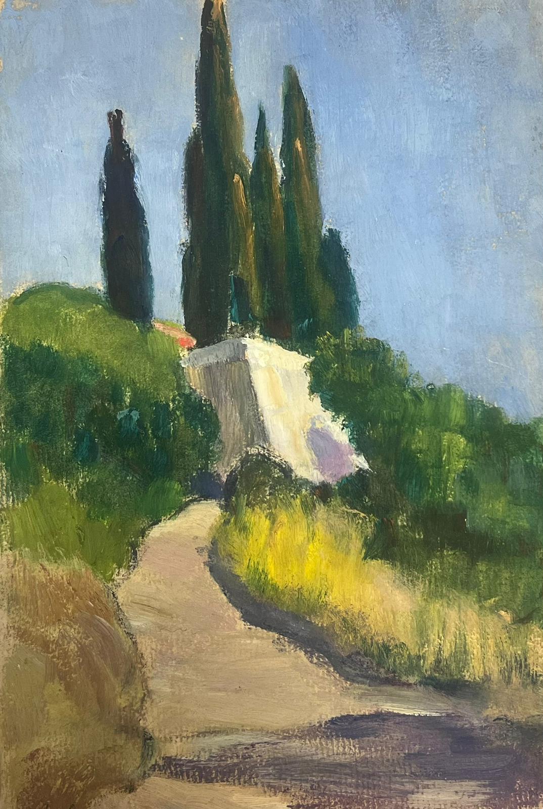 Landscape Painting Y. Blanchon - Chemin de route français des années 1930 menant à un château blanc de Provence 
