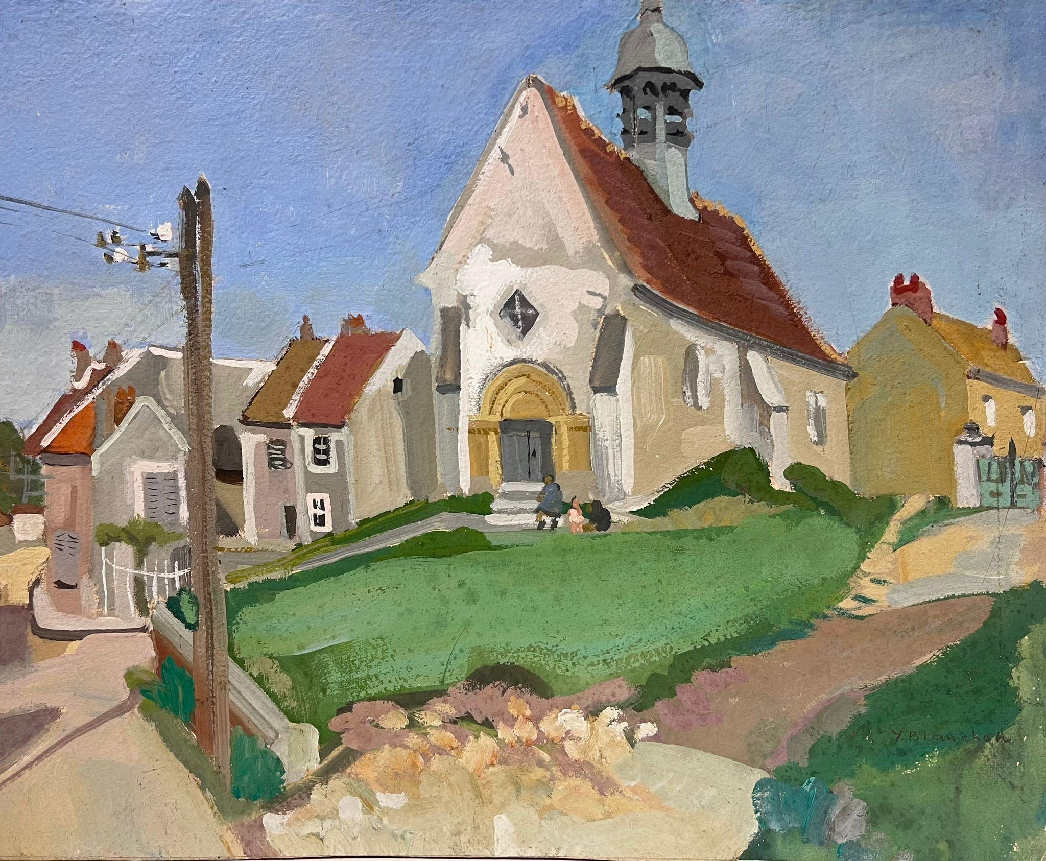 1930's French Gouache Painting Village Church  For Sale 1