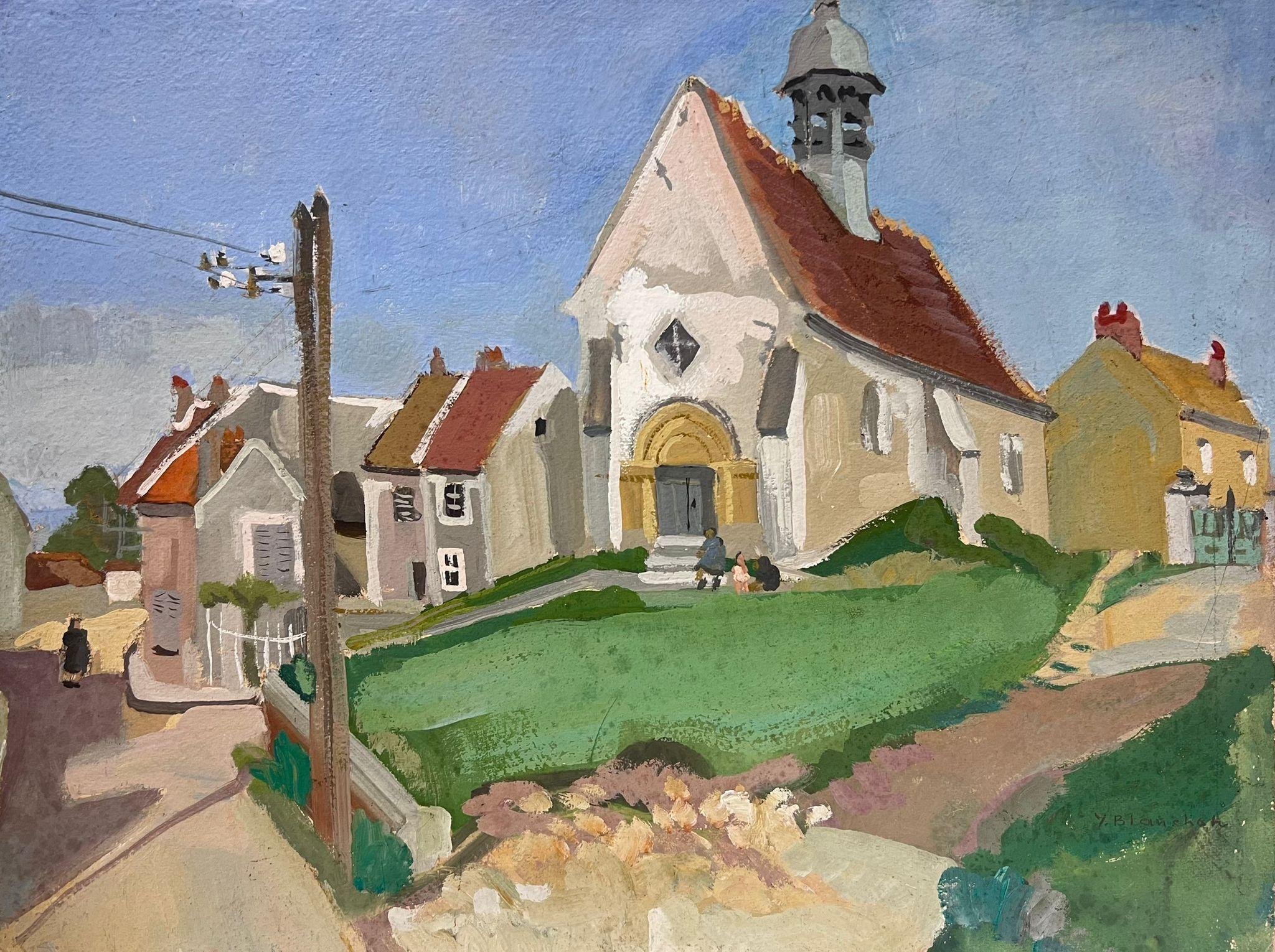 Y. Blanchon Landscape Painting - 1930's French Gouache Painting Village Church 