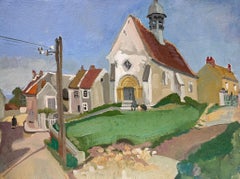 Peinture à la gouache française des années 1930 Église de village 