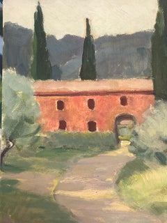 1930s French Gouache Red Arch Building In Provence Tree Landscape, Cypress Trees