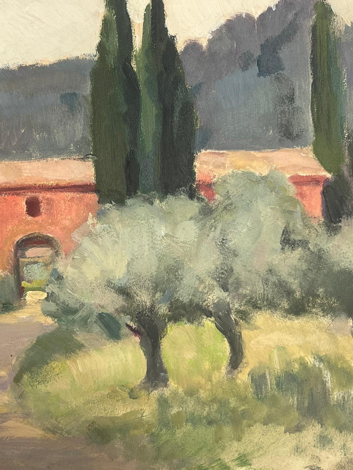 1930's French Gouache Red Arch Building In Provence Tree Landscape, Cyprus Trees - Impressionist Painting by Y. Blanchon