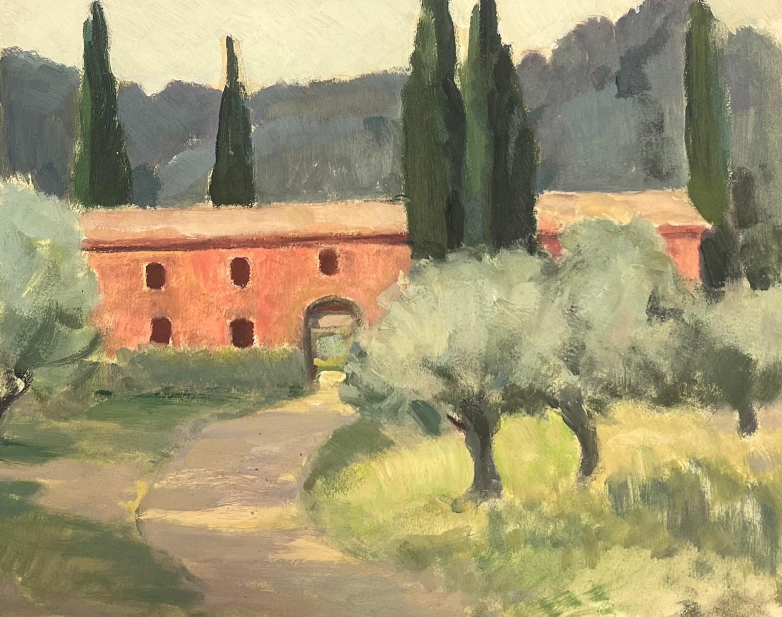 Y. Blanchon Landscape Painting - 1930's French Gouache Red Arch Building In Provence Tree Landscape, Cyprus Trees