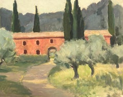 1930's French Gouache Red Arch Building In Provence Tree Landscape, Cyprus Trees
