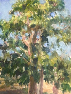 1930's French Gouache Tall Oak Tree's In Blue Sky Landscape