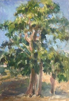 1930's French Gouache Tall Oak Tree's In Blue Sky Landscape