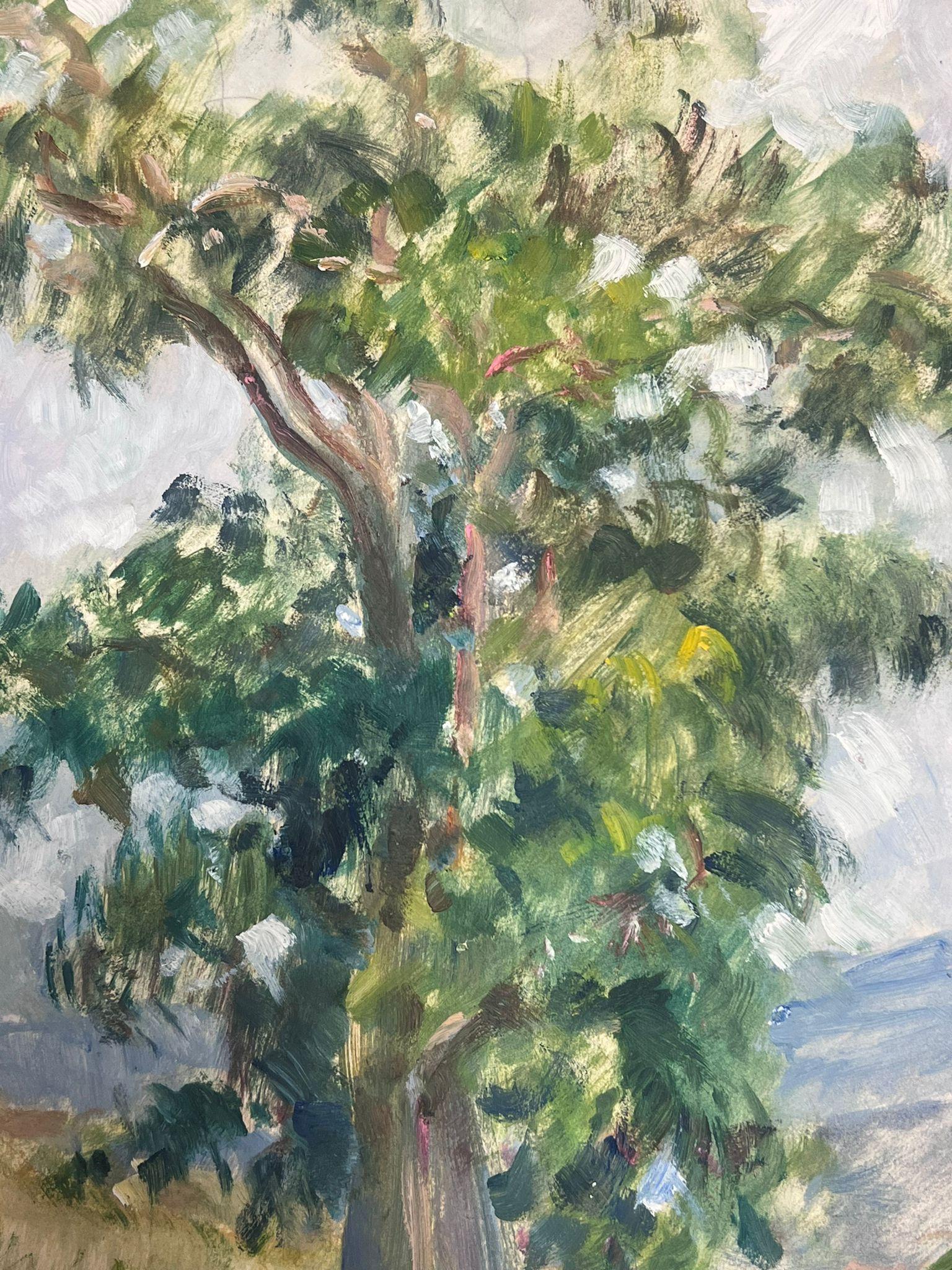 Gouache francese degli anni '30 Alberi alti in un paesaggio - Painting Impressionismo di Y. Blanchon