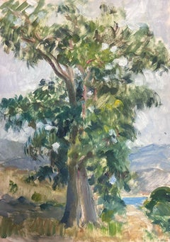 1930's French Gouache Tall Tree's In Landscape