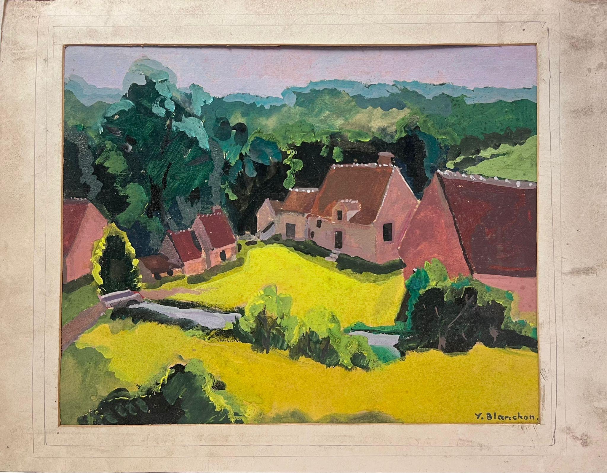 1930's French Impressionist Brown Houses In Bright Yellow Fields Landscape - Painting by Y. Blanchon