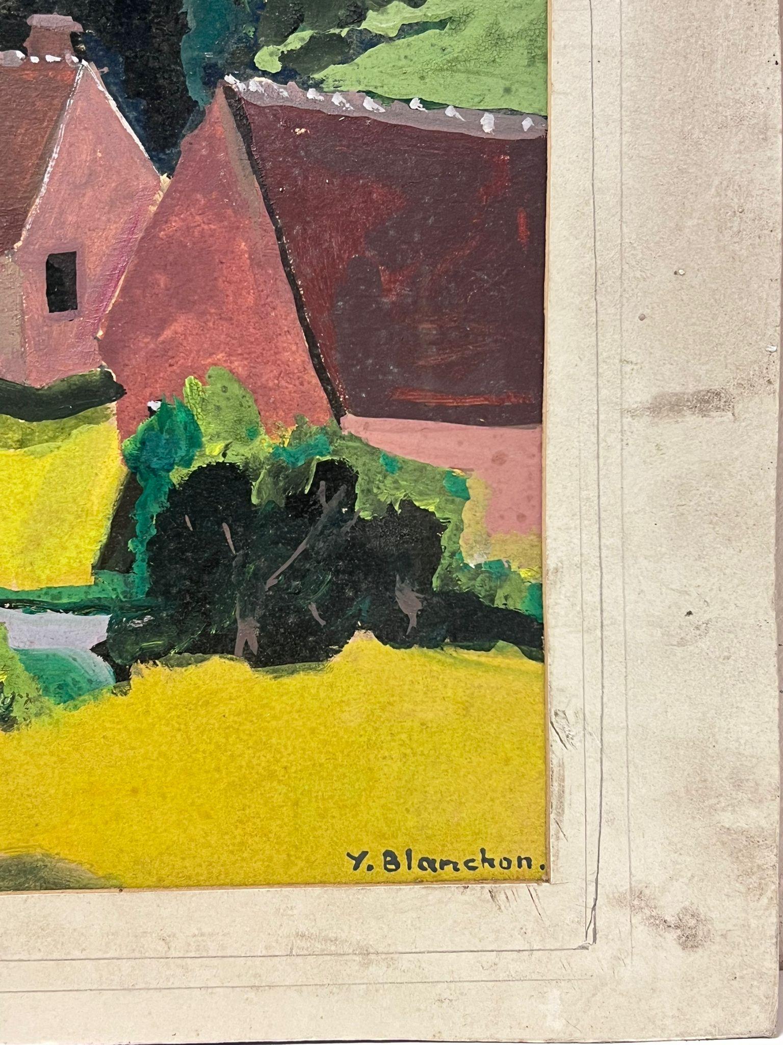 French Landscape
signed by Y. Blanchon, French 1950's Impressionist 
gouache on artist paper, mounted in a card frame
mounted: 11.5 x 14.5 inches
painting: 9 x 11 inches
provenance: from a large private collection of this artists work in Northern