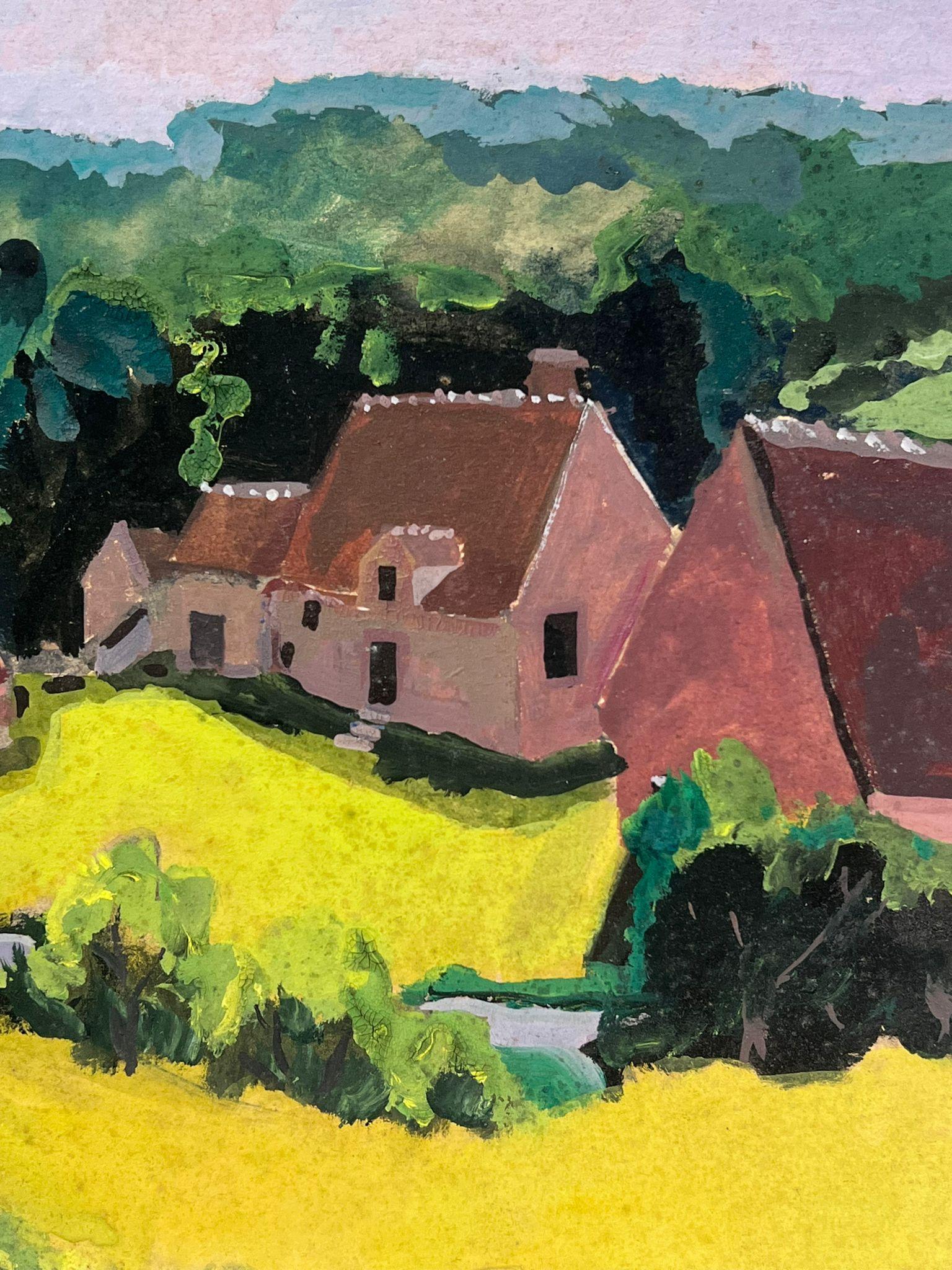 1930's French Impressionist Brown Houses In Bright Yellow Fields Landscape For Sale 1