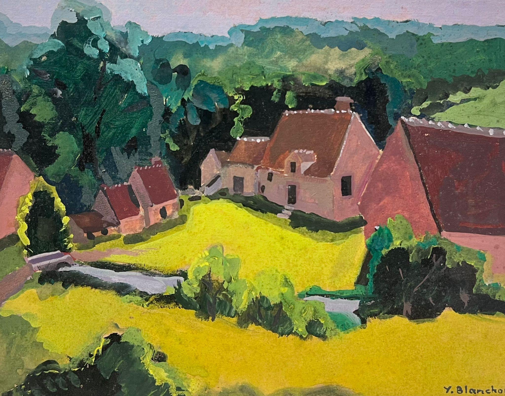 Landscape Painting de Y. Blanchon - Paisaje Impresionista Francés de 1930 Casas Marrones en Campos Amarillos Brillantes