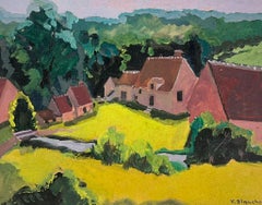 Paysage impressionniste français des années 1930, maisons Brown dans des champs jaune vif