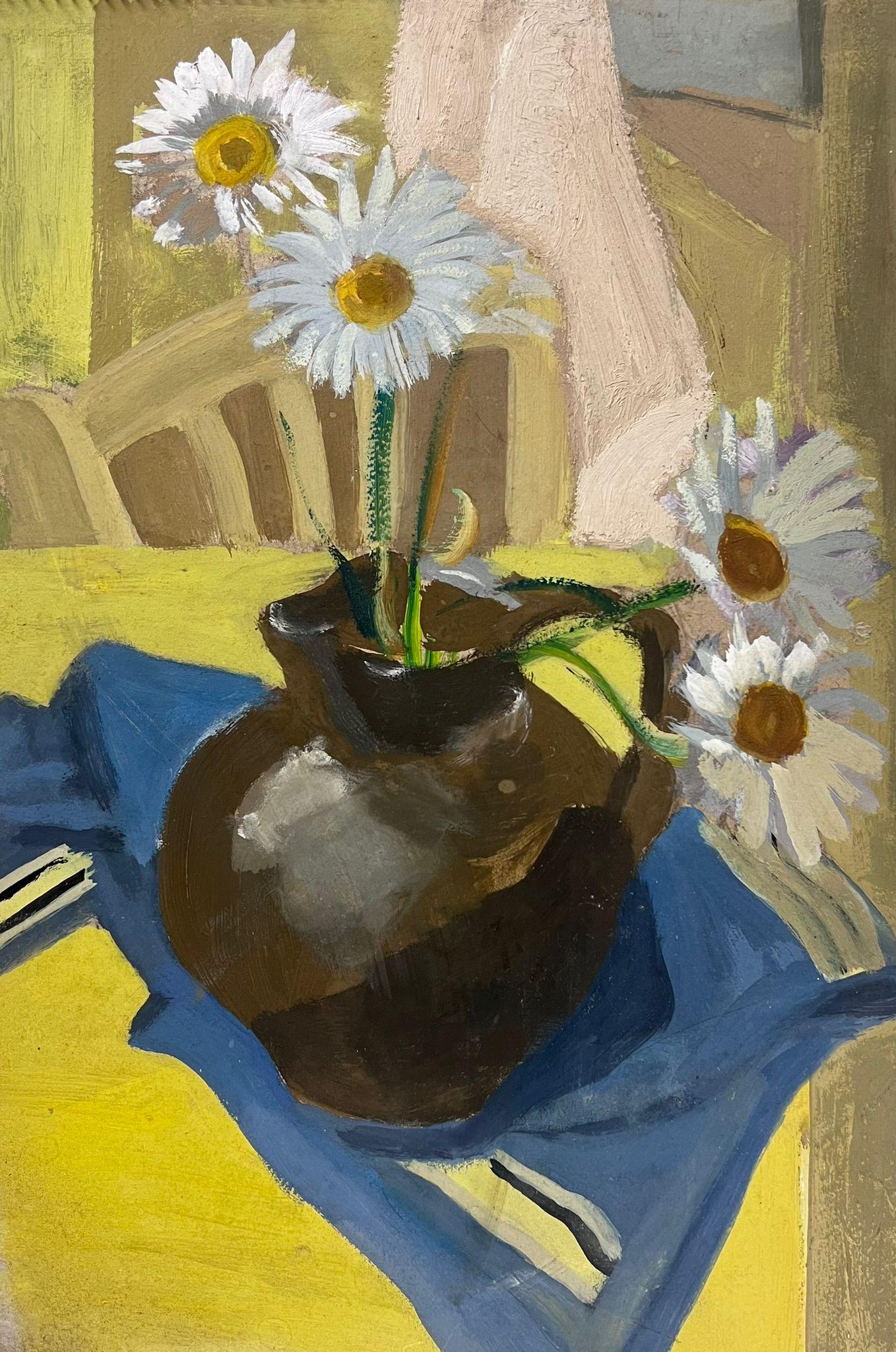 Y. Blanchon Landscape Painting – 1930er Jahre Französisch Impressionist Gänseblümchen in Brown Vase auf gelben Tisch Interieur