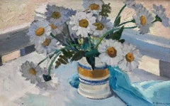 1930's French Impressionist Daises In Vase On Blue and White Table Interior