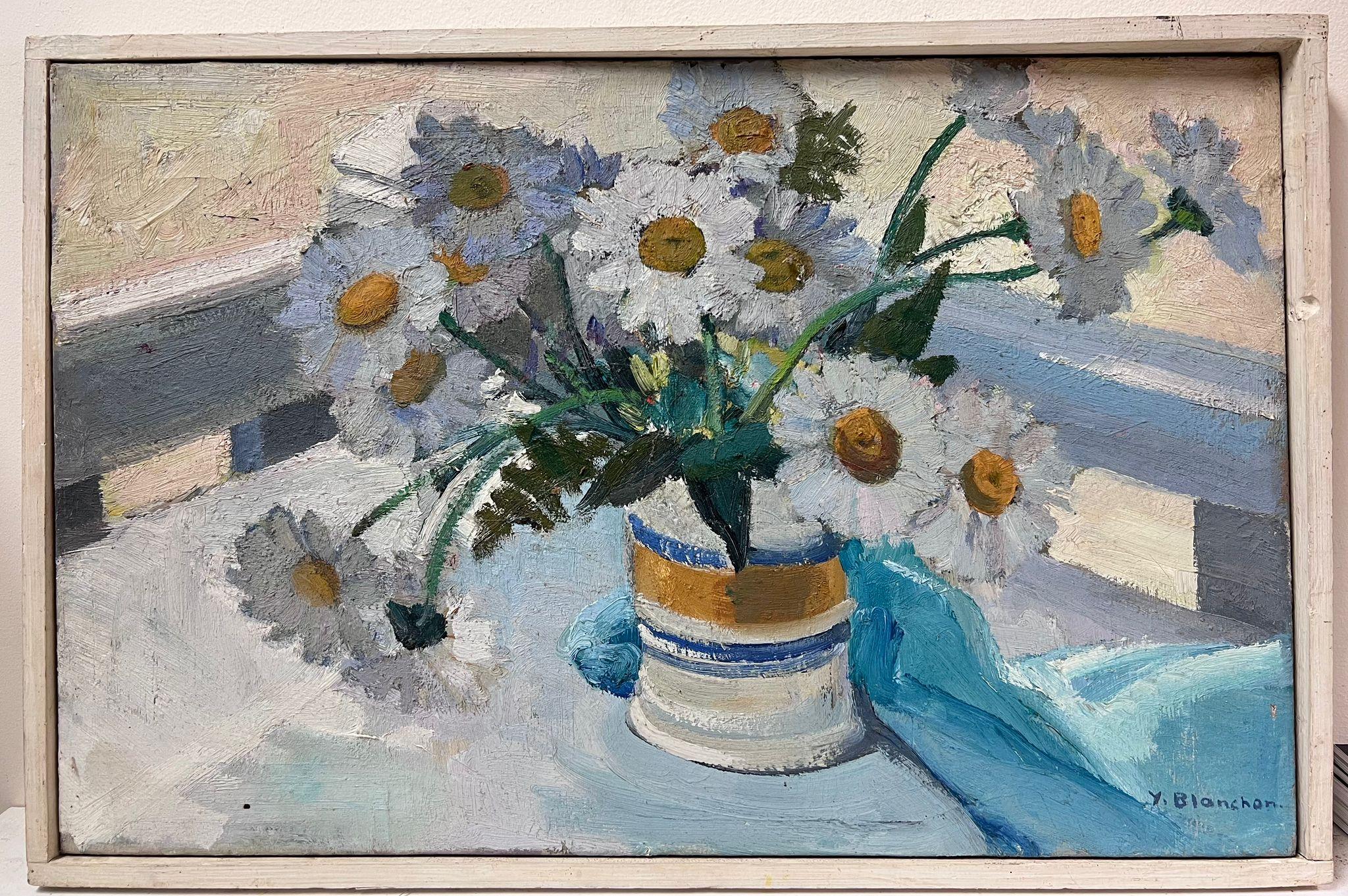 Y. Blanchon Still-Life Painting - 1930's French Impressionist Daises In Vase On Blue and White Table Interior