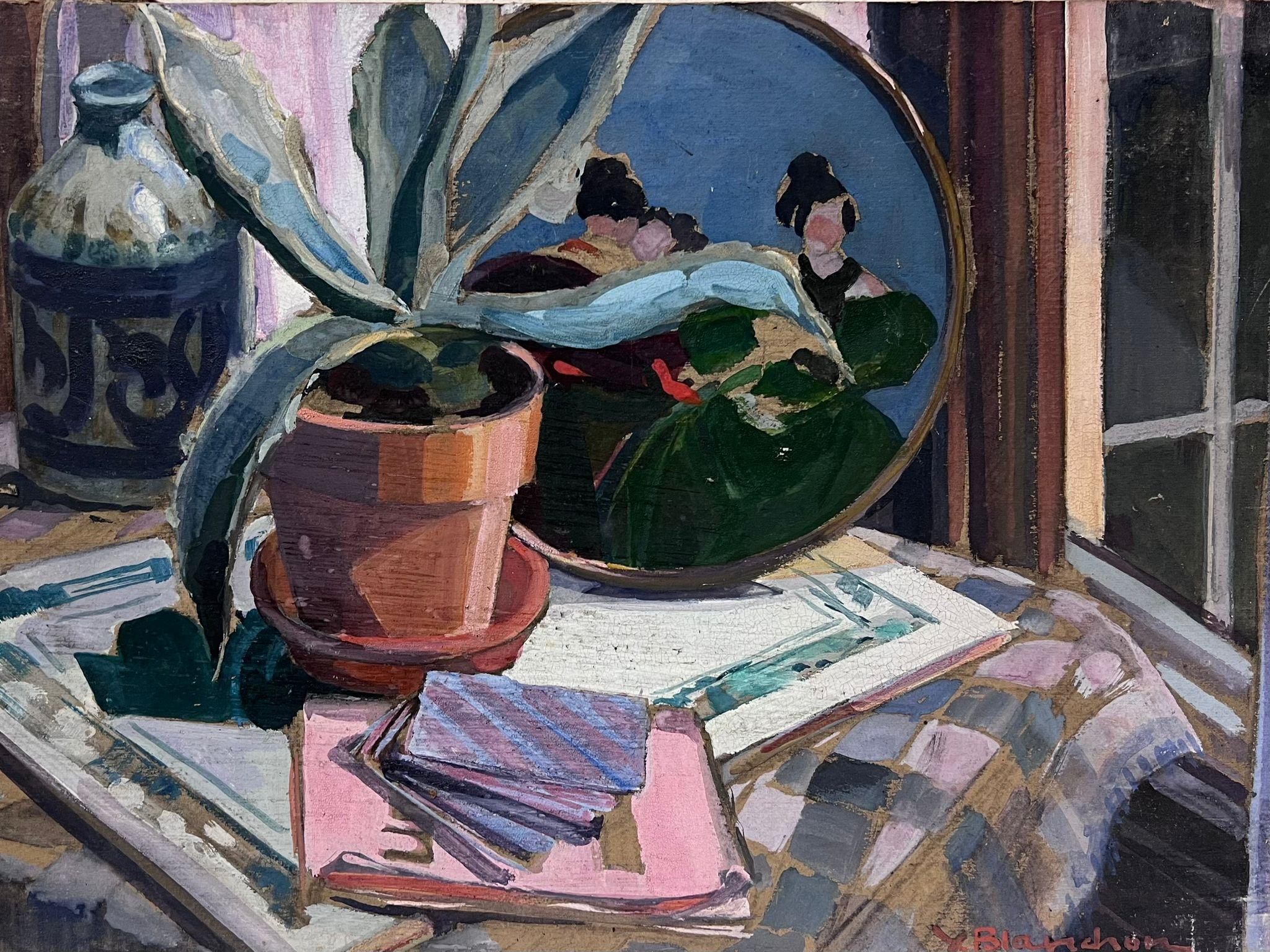 1930's French Impressionist Interior Table Scene Aloe Vera Plant and Notebooks 1