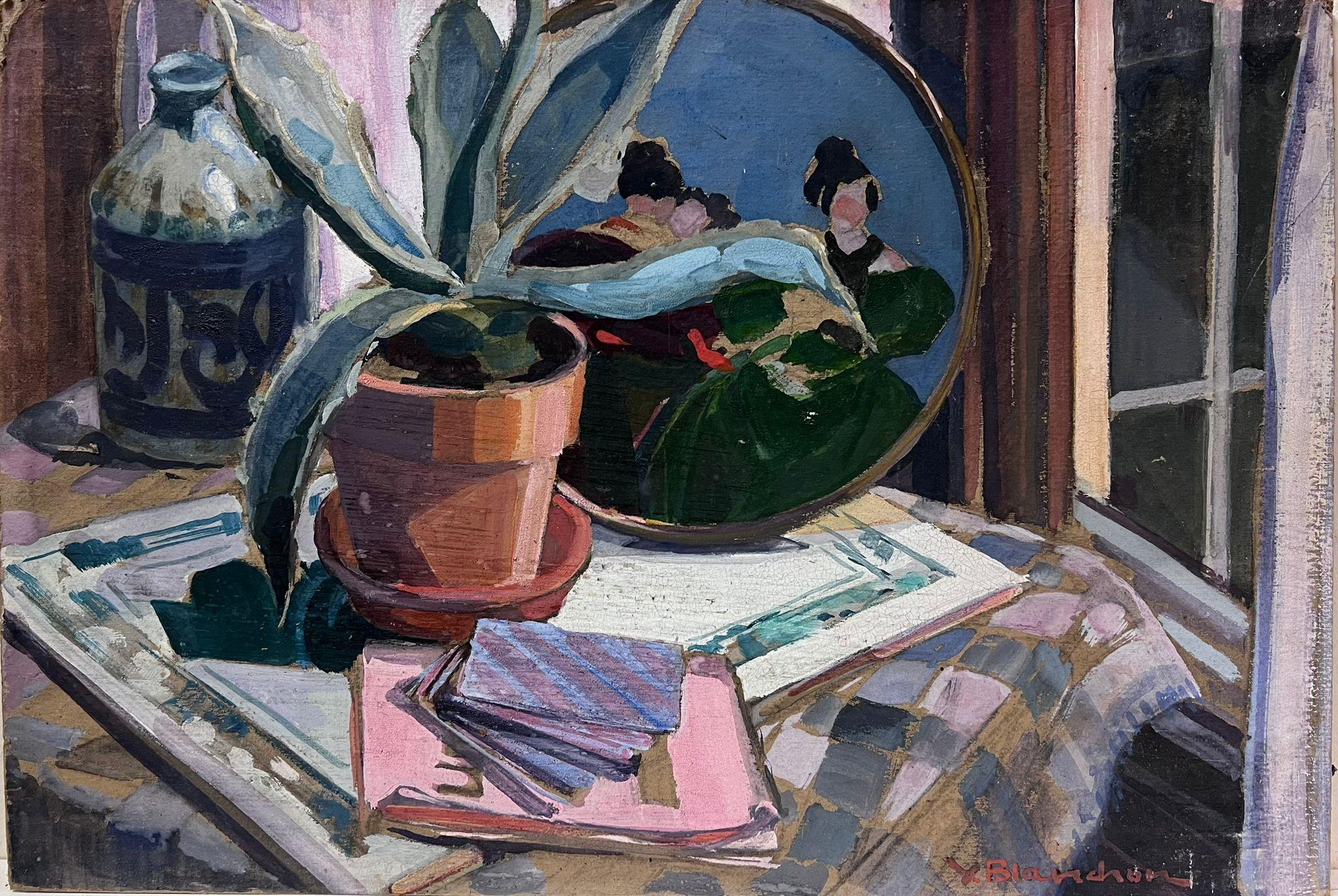 Y. Blanchon Interior Painting - 1930's French Impressionist Interior Table Scene Aloe Vera Plant and Notebooks