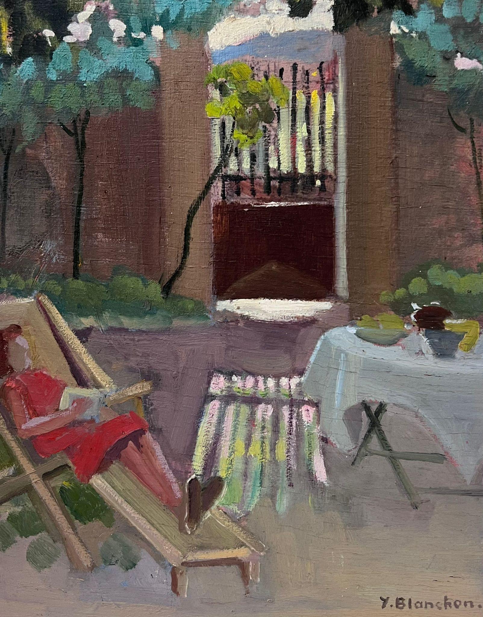 1930's French Impressionist Lady in Red Dress Lounging In The Garden Shade – Painting von Y. Blanchon