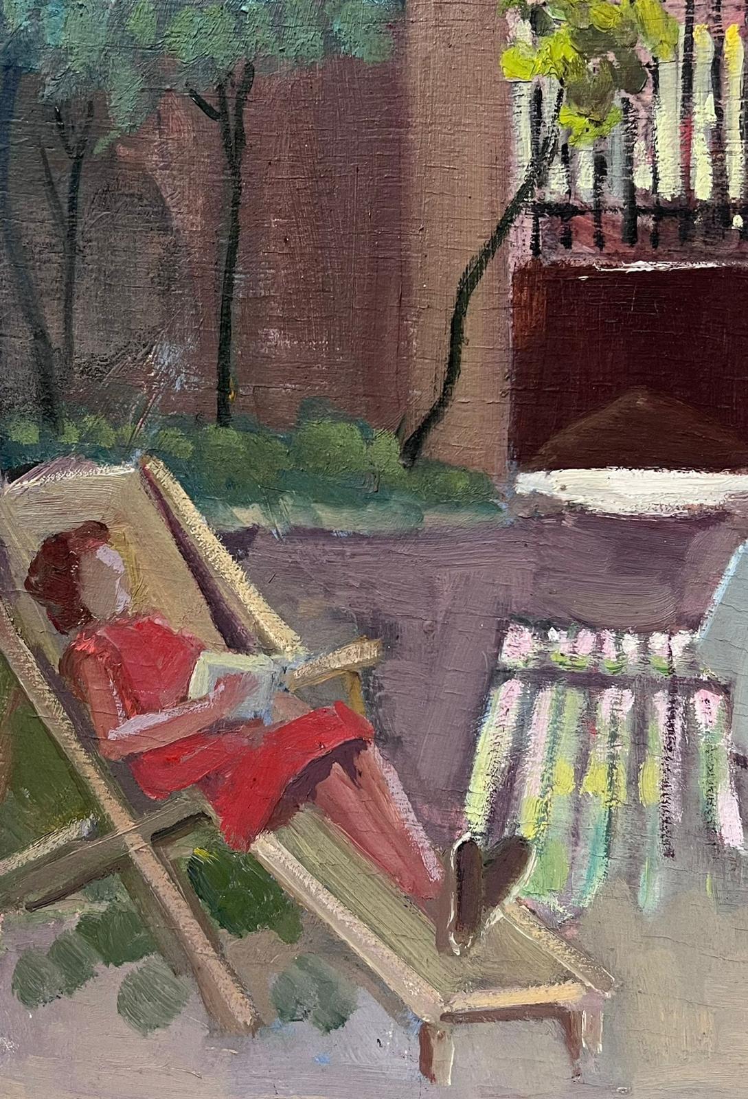 1930's French Impressionist Lady in Red Dress Lounging In The Garden Shade (Grau), Figurative Painting, von Y. Blanchon