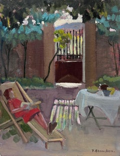 Lady in Red, française impressionniste des années 1930, allongée dans un abat-jour de jardin