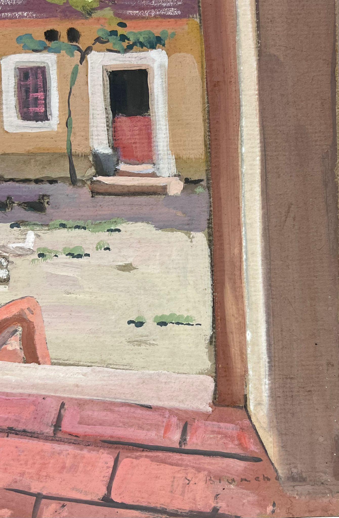1930er Jahre Französisch Impressionist Mann saß in rosa Stein Haus Türrahmen  – Painting von Y. Blanchon