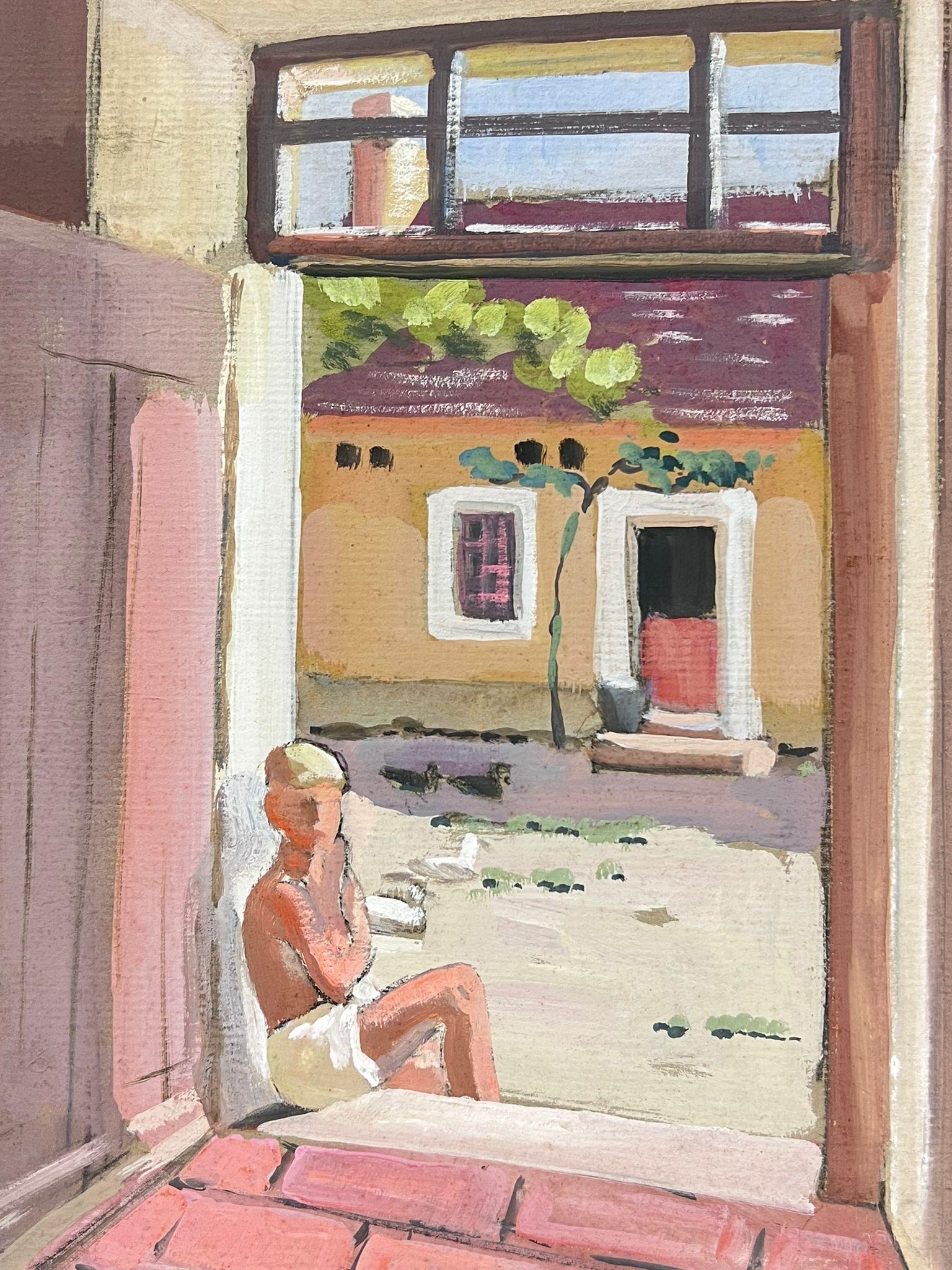 1930er Jahre Französisch Impressionist Mann saß in rosa Stein Haus Türrahmen  (Impressionismus), Painting, von Y. Blanchon