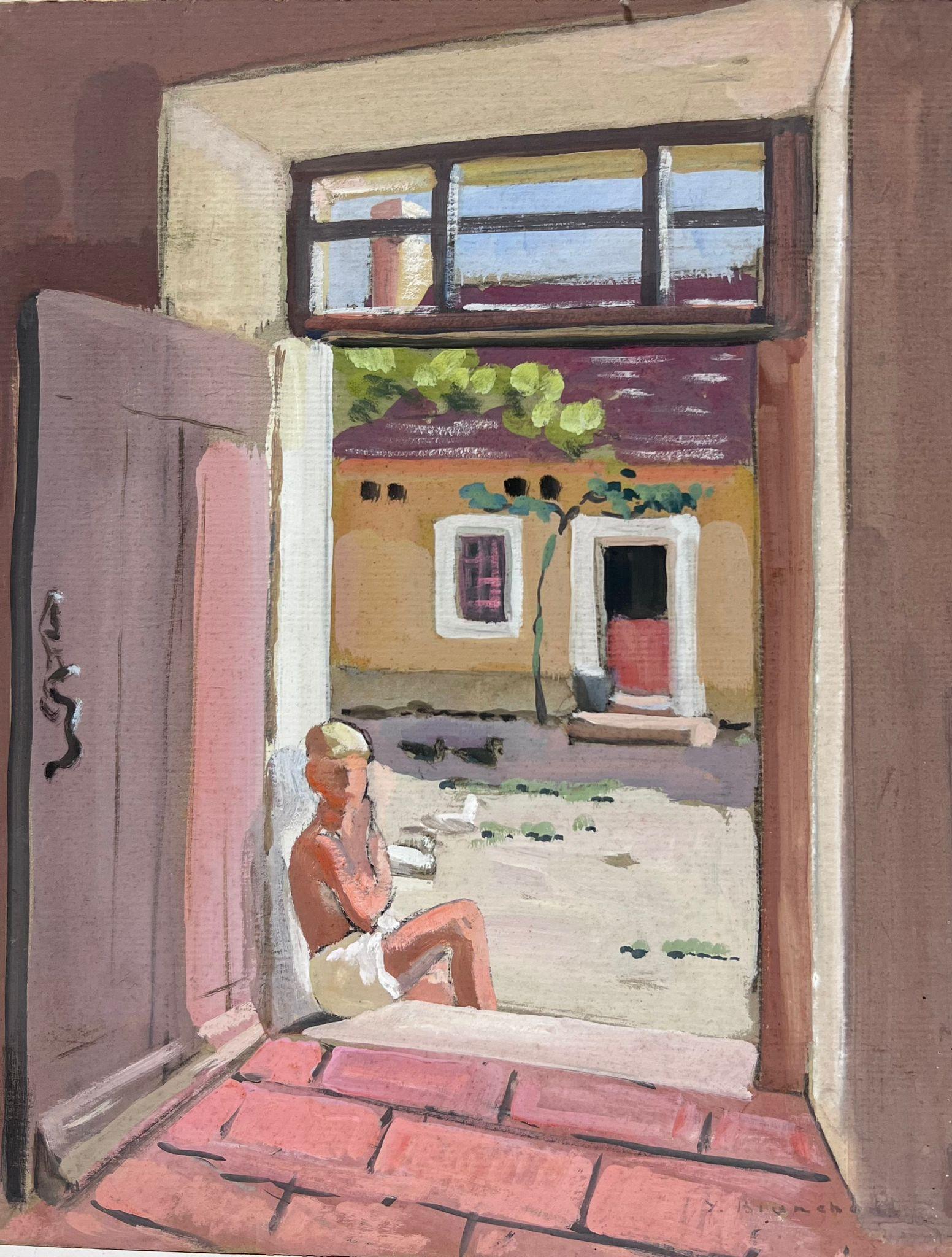 Figurative Painting Y. Blanchon - Mannequin impressionniste français des années 1930 encadré de porte de maison en pierre rose 