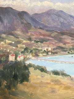 1930's French Impressionist Mountains Surrounding The Blue Sea Landscape