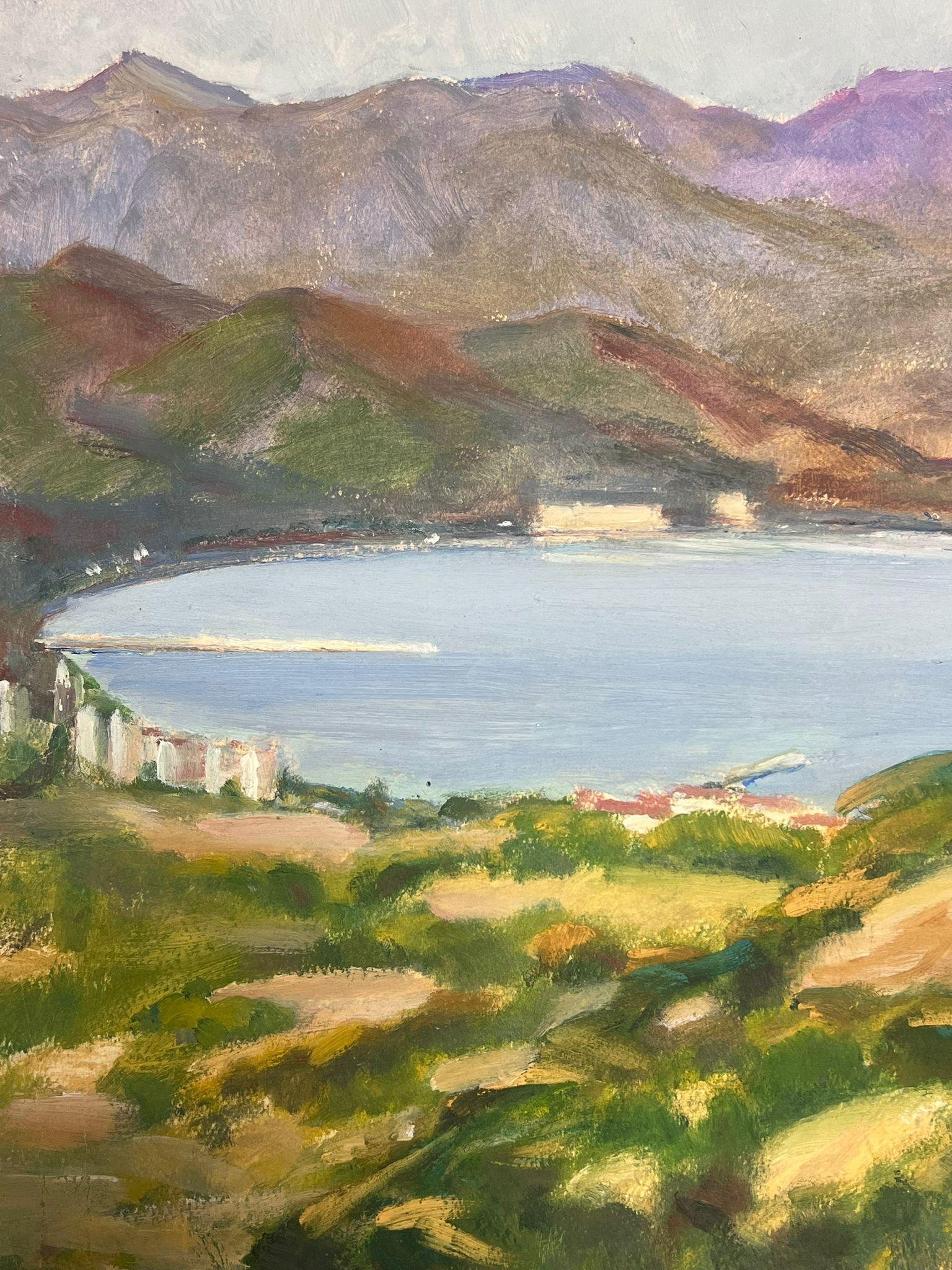 1930's French Impressionist Mountains Surrounding The Blue Sea Landscape   - Painting by Y. Blanchon