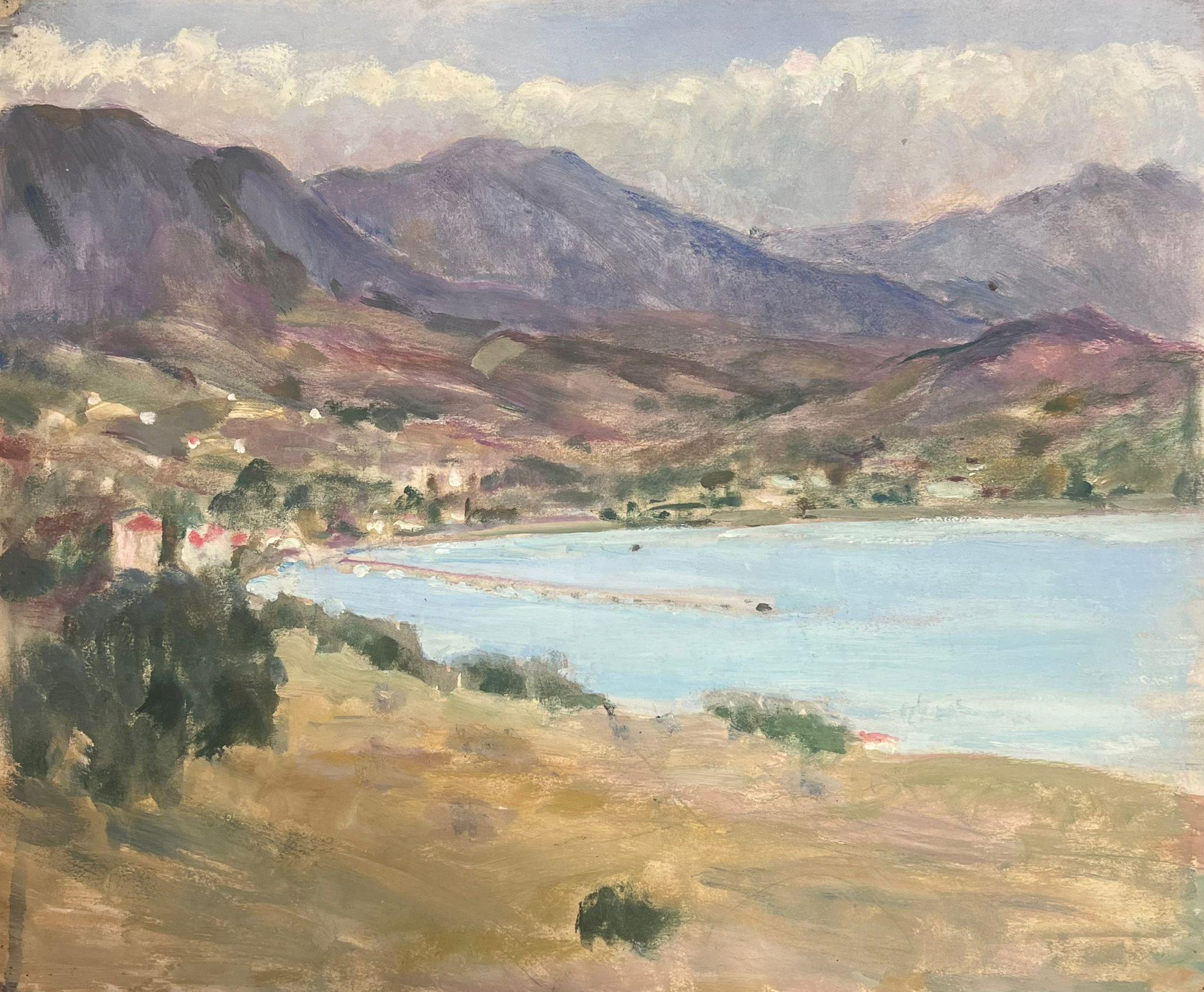 1930's French Impressionist Mountains Surrounding The Blue Sea Landscape