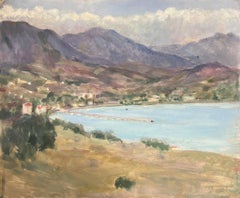 1930's French Impressionist Mountains Surrounding The Blue Sea Landschaft