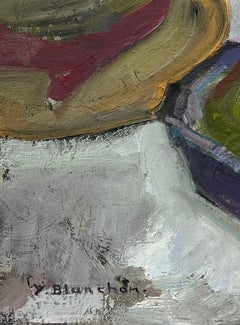 1930's French Impressionist Oil Garden Table Pears and Straw Sun Hat