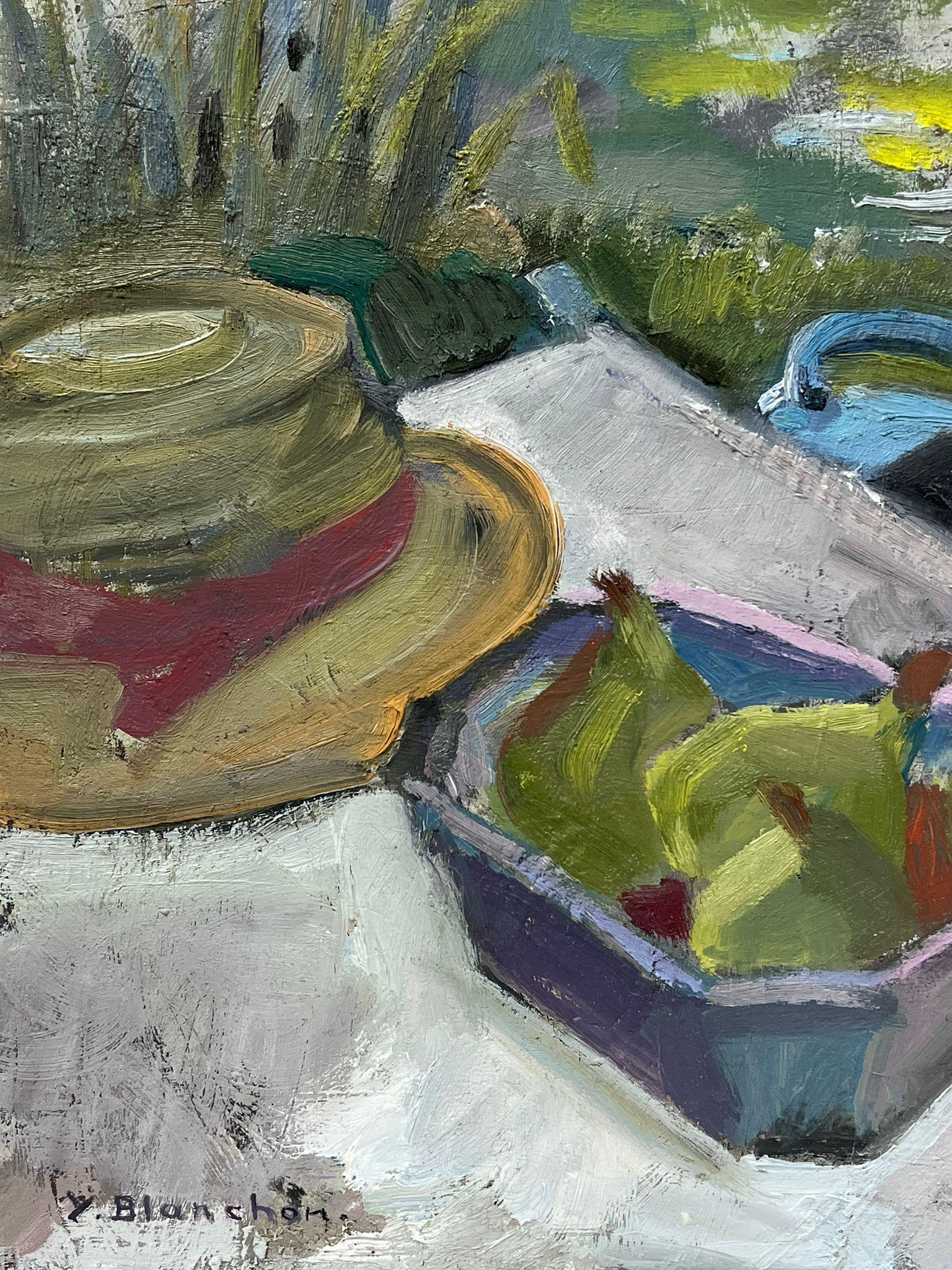 1930er Jahre Französisch Impressionist Öl Garten Tabelle Birnen und Stroh Sonnenhut (Impressionismus), Painting, von Y. Blanchon