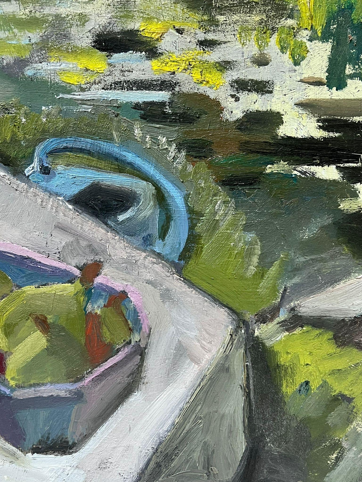 1930er Jahre Französisch Impressionist Öl Garten Tabelle Birnen und Stroh Sonnenhut (Grau), Still-Life Painting, von Y. Blanchon