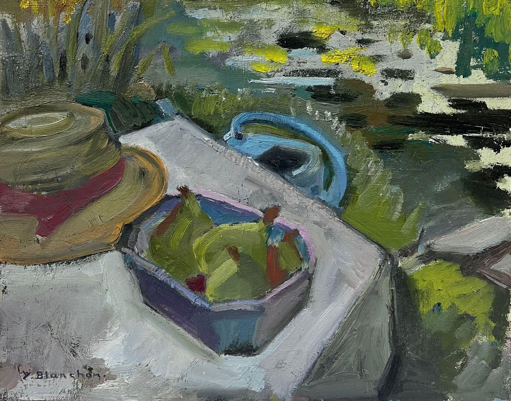 Gartentisch
signiert von Y. Blanchon, französischer Impressionist der 1950er Jahre 
Öl auf Karton, ungerahmt
Gemälde: 13 x 16 Zoll
Provenienz: aus einer großen Privatsammlung dieses Künstlers in Nordfrankreich
Zustand: originaler, guter und gesunder