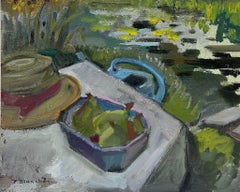 1930er Jahre Französisch Impressionist Öl Garten Tabelle Birnen und Stroh Sonnenhut
