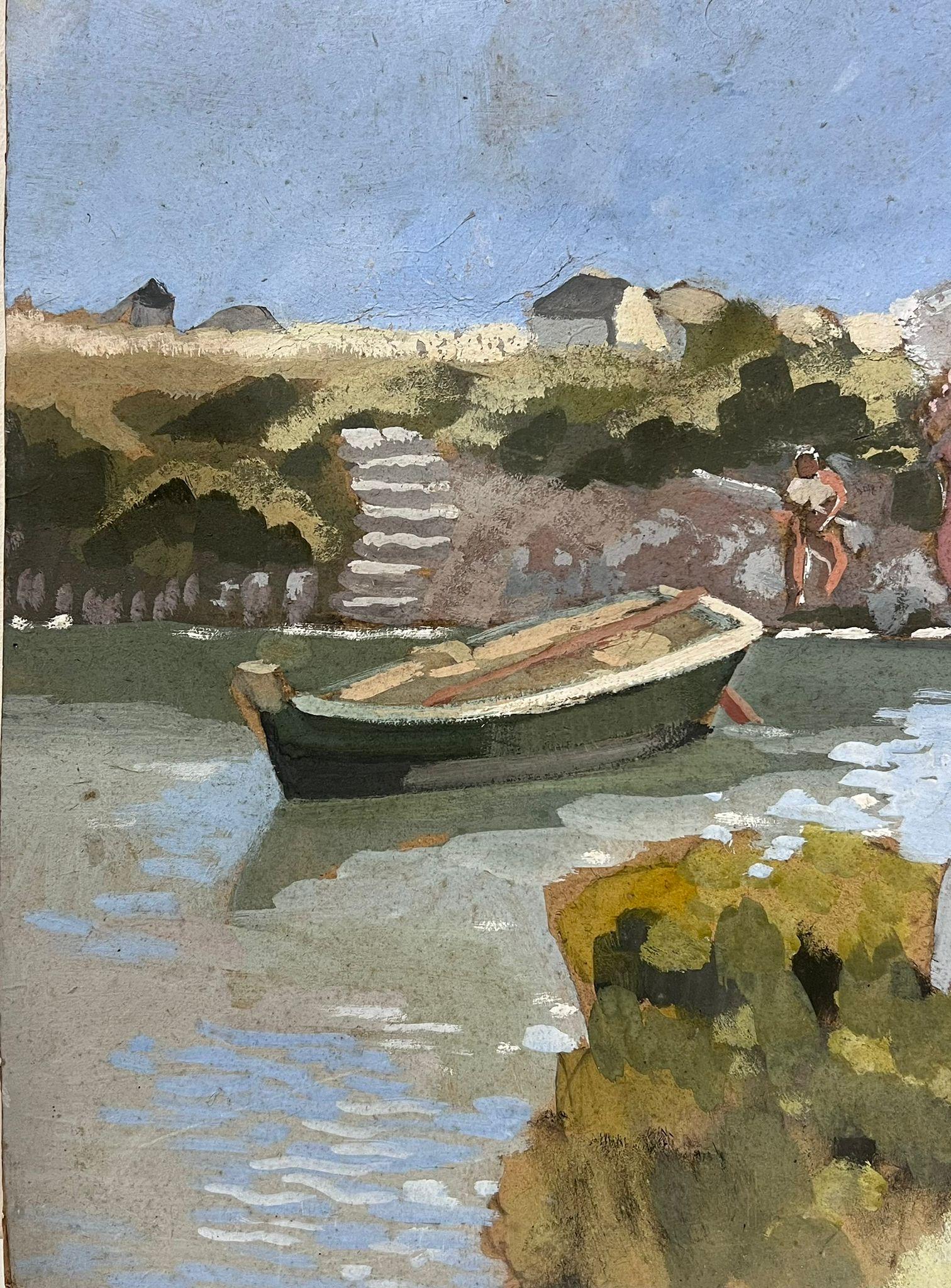 Französisches impressionistisches Gemälde eines jungen Mädchens von Boat Coastal Estuary Harbour, 1930er Jahre – Painting von Y. Blanchon