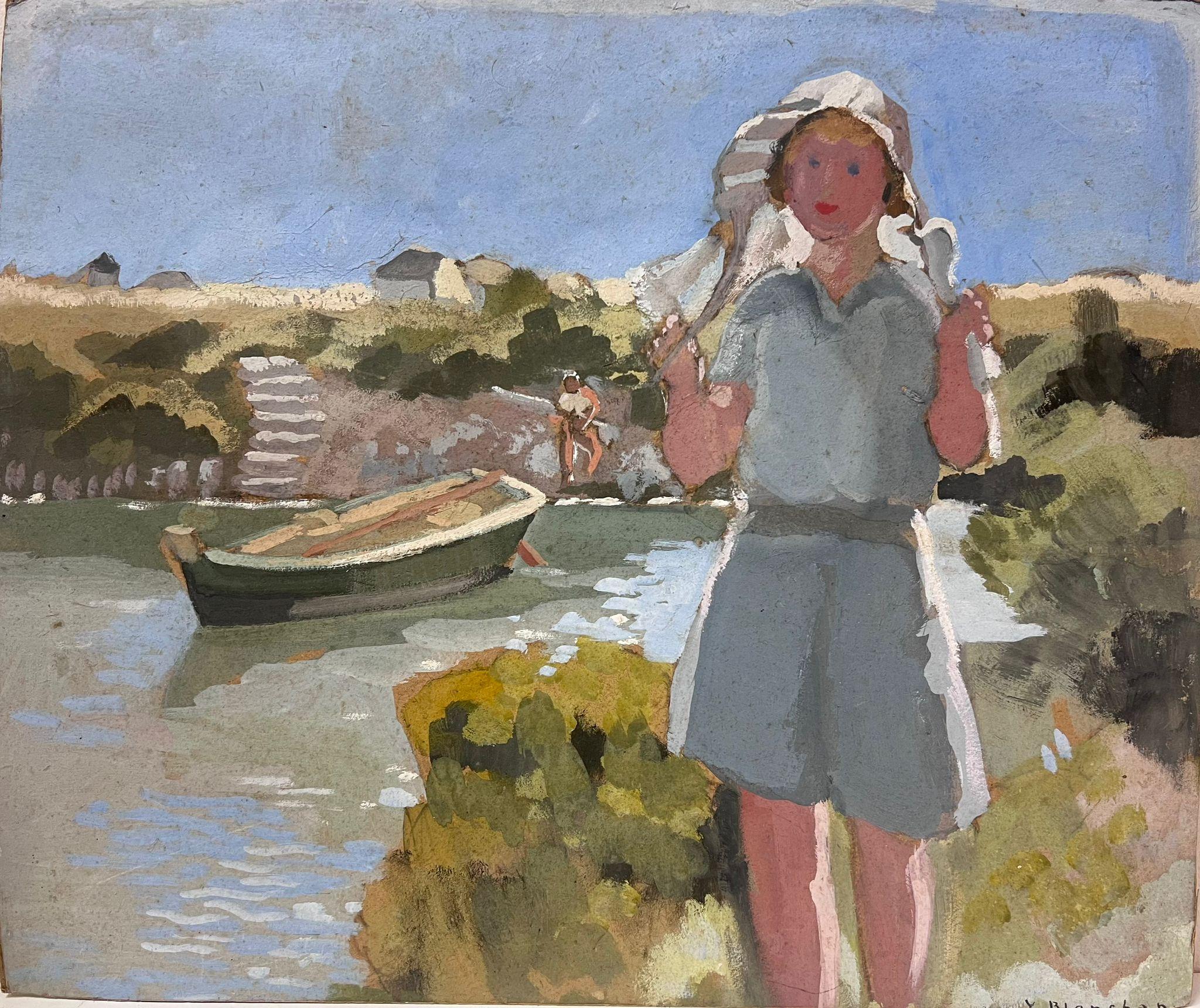 Y. Blanchon Figurative Painting - 1930's French Impressionist Painting Young Girl by Boat Coastal Estuary Harbour