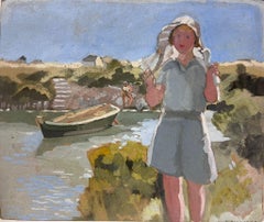 1930's French Impressionist Painting Young Girl by Boat Coastal Estuary Harbour