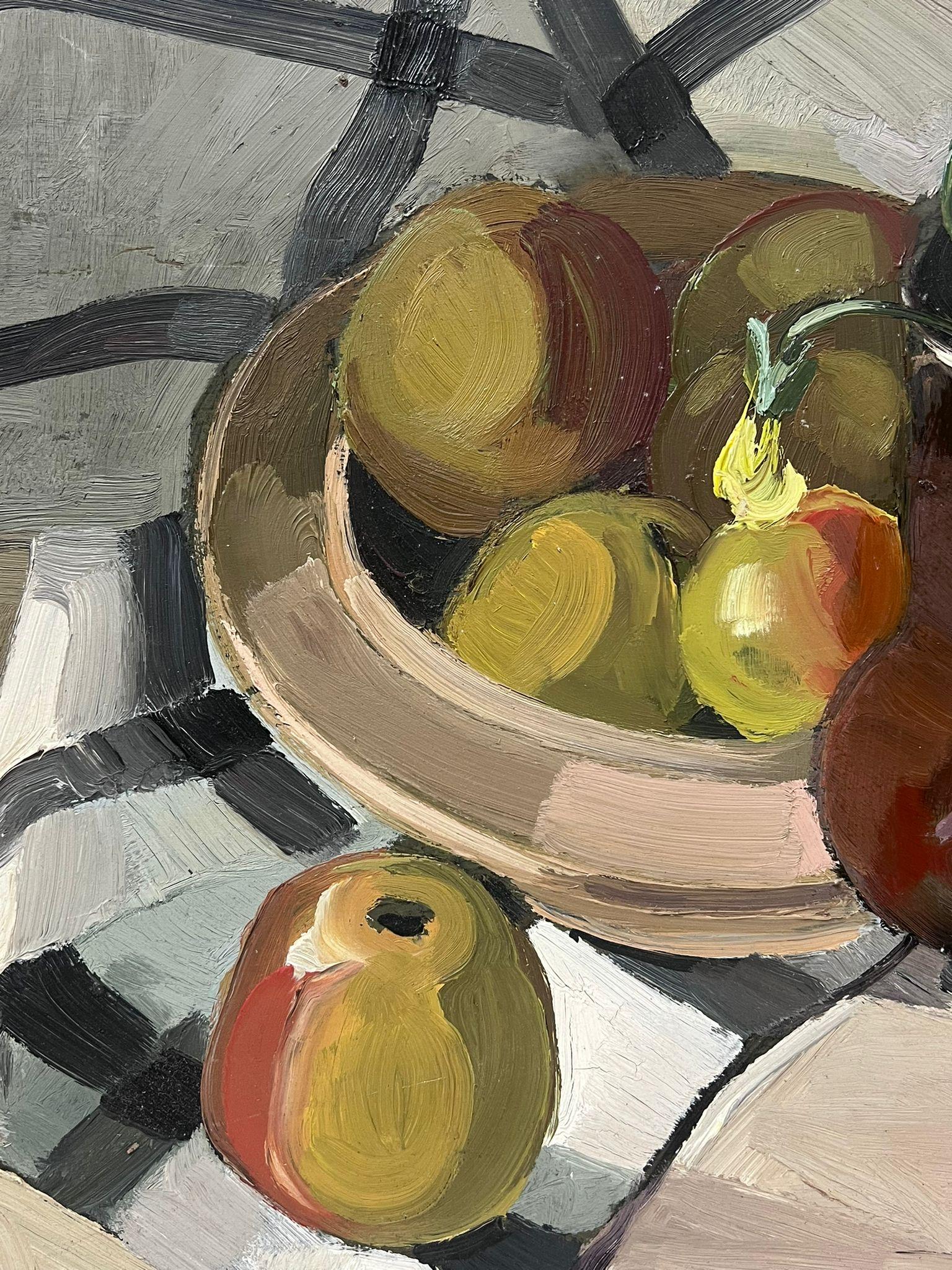 1930er Jahre Französisch Impressionist Tabelle Küche Tisch Interieur Äpfel und Brown Krug  – Painting von Y. Blanchon