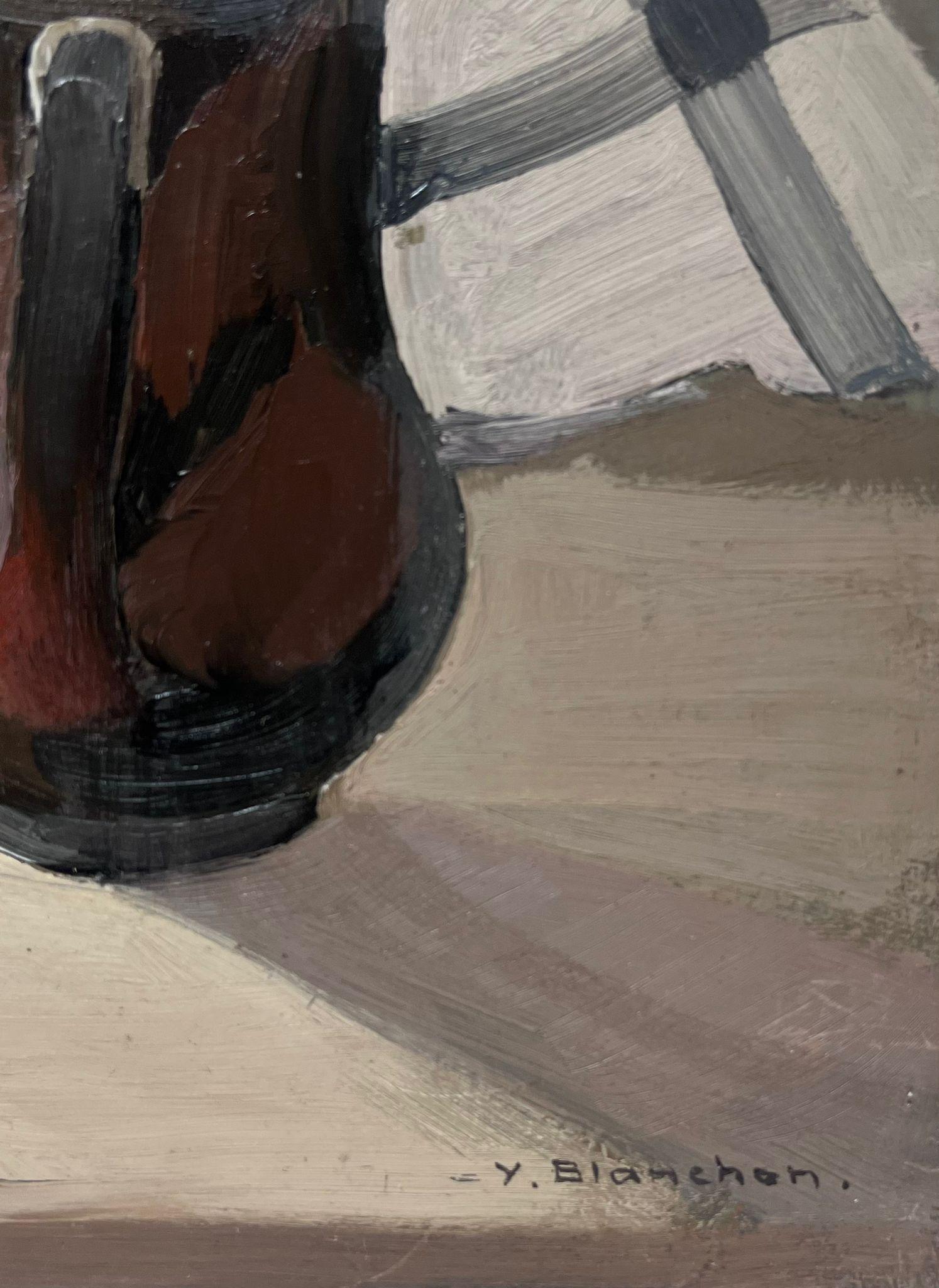 Table impressionniste française des années 1930 Table de cuisine Intérieur pommes et cruche Brown  - Impressionnisme Painting par Y. Blanchon