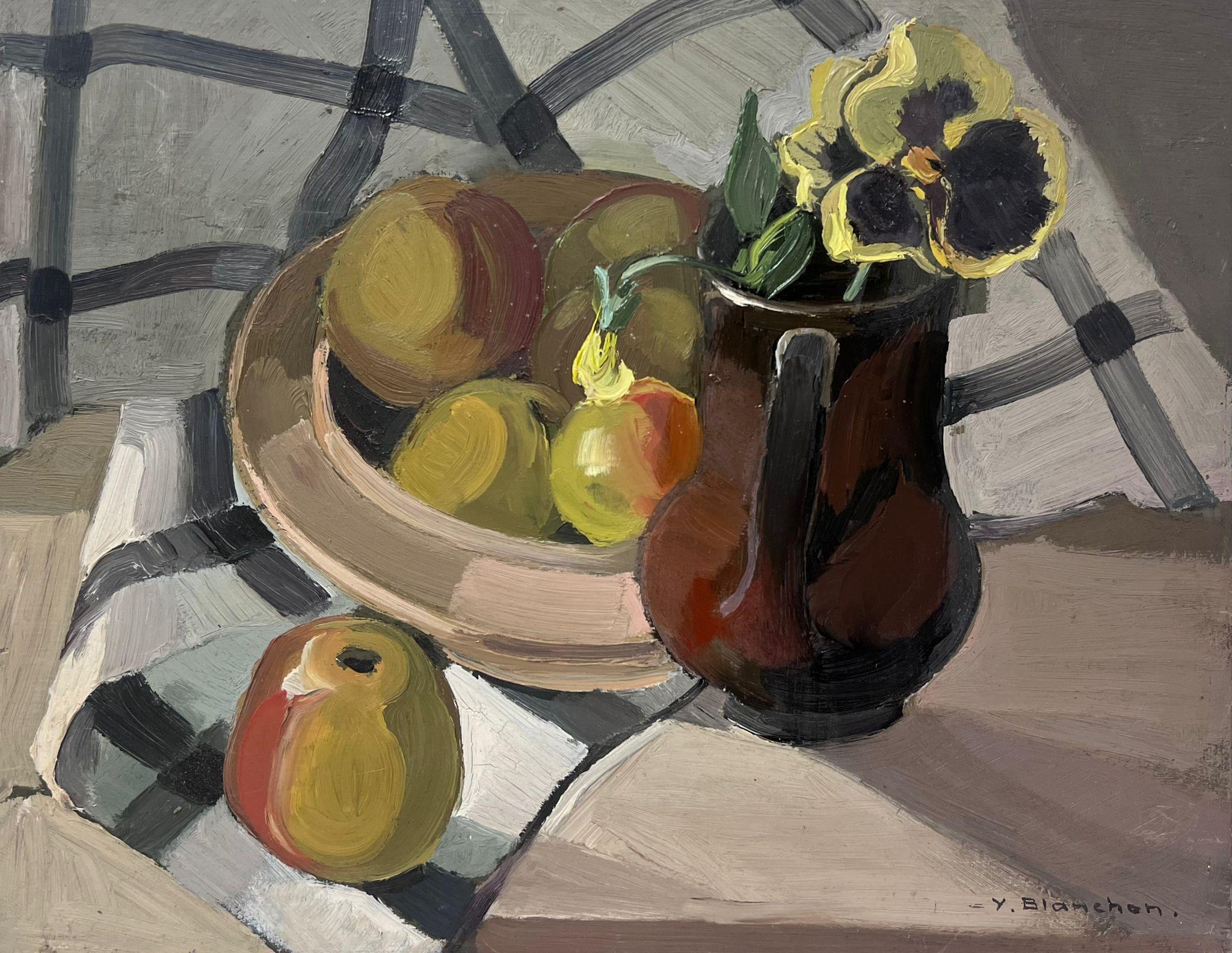 Y. Blanchon Still-Life Painting – 1930er Jahre Französisch Impressionist Tabelle Küche Tisch Interieur Äpfel und Brown Krug 