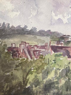 1930's French Watercolour Brown Church Hidden In Green Landscape