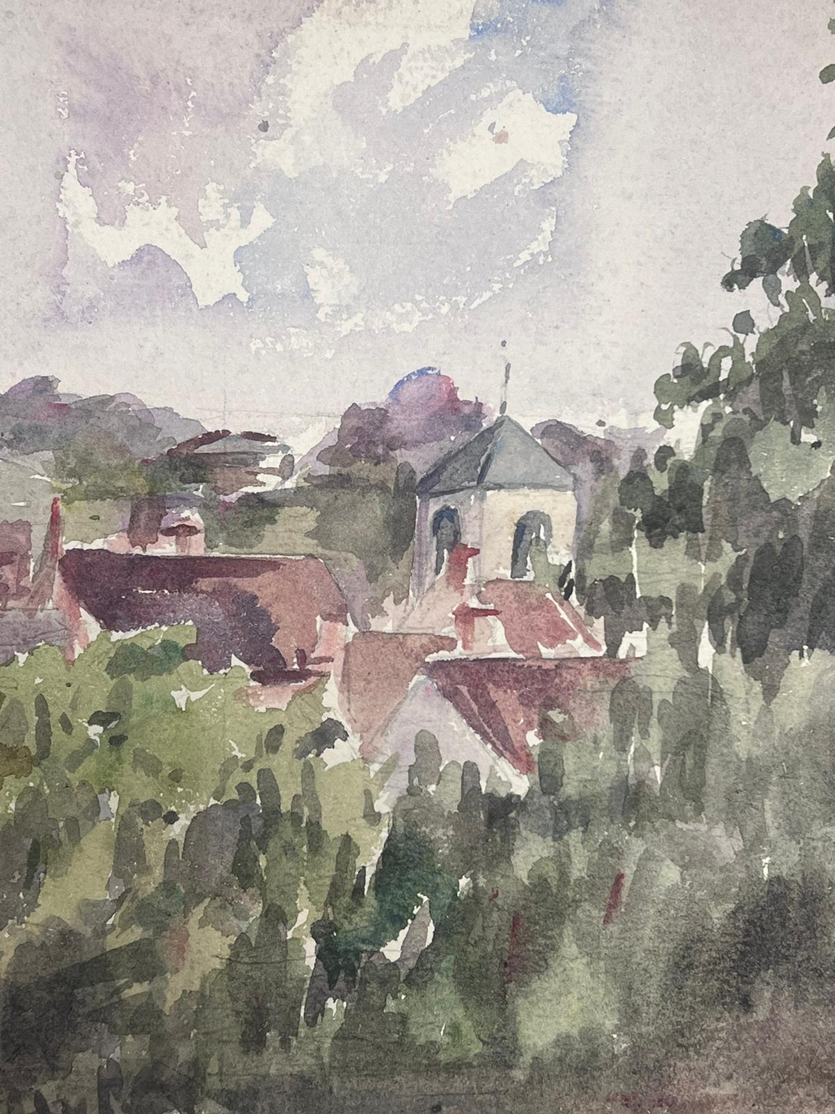 1930's French Watercolour Brown Church Hidden In Green Landscape - Impressionist Painting by Y. Blanchon