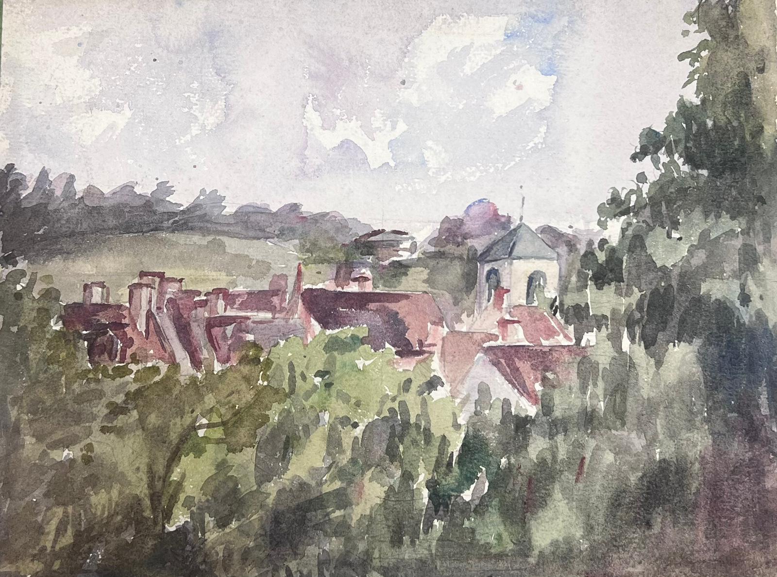 Y. Blanchon Landscape Painting - 1930's French Watercolour Brown Church Hidden In Green Landscape