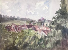 1930's French Watercolour Brown Church Hidden In Green Landscape